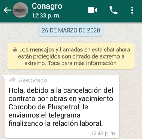 Una veintena de trabajadores de la empresa Conagro fueron echados por Whatsapp
