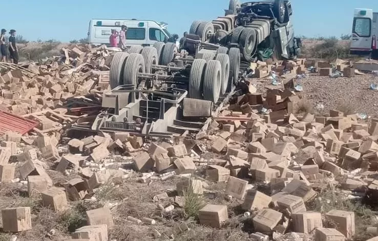 Ruta 20: intentó un sobrepaso y provocó el vuelco de un camión con mercadería